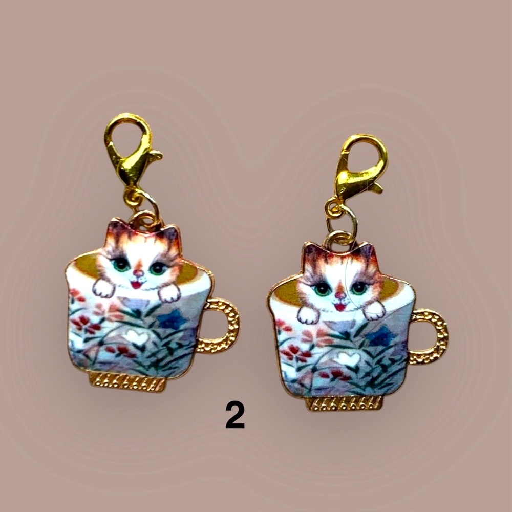 1 Cat Teacup Charm. Keychain, Backpacks, & etc